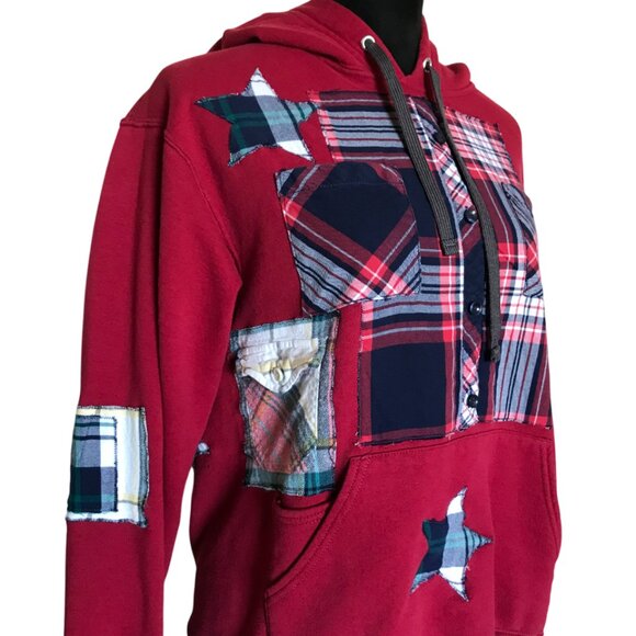 Upcycled Patchwork Hoodie, Size Medium: Red Plaid, Star Appliqués, Grunge Style - Picture 8 of 13
